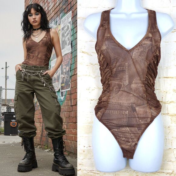 Y2K Bodysuit Women M Brown Jean Pocket Trompe Loeil Mesh Sheer Ruched V-neck VTG - Picture 1 of 15